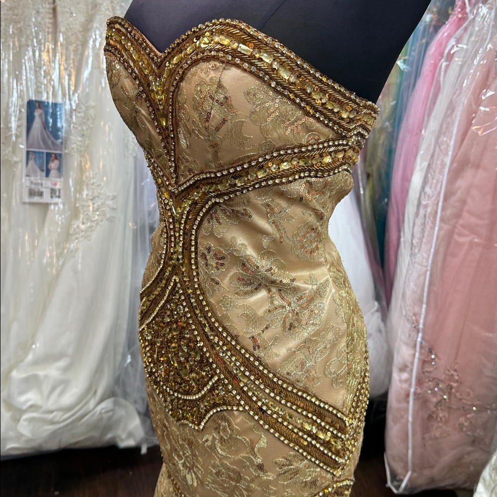 Elegant Gold Strapless Evening Gown